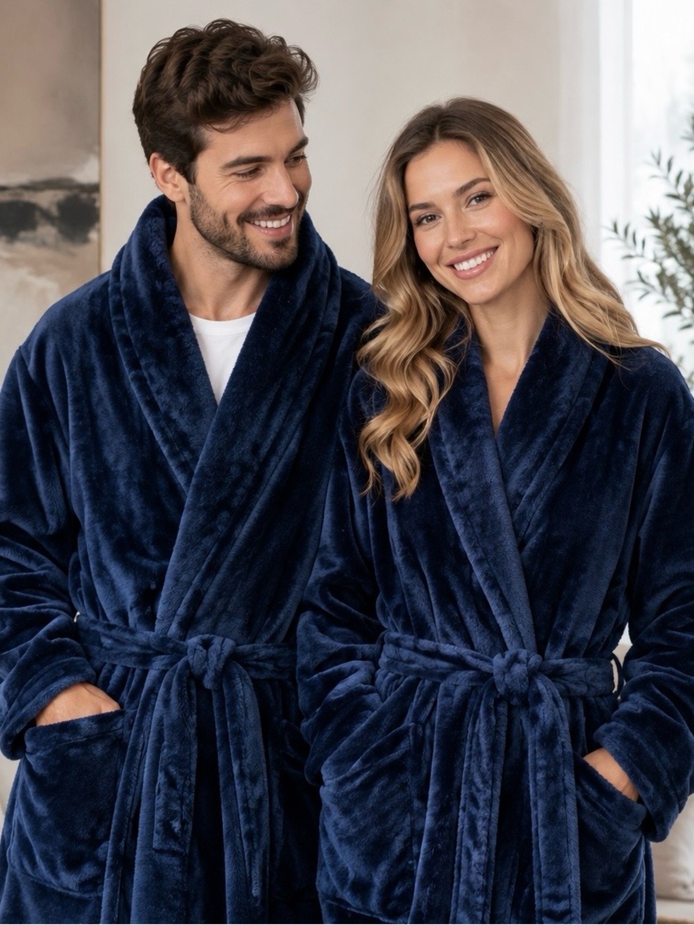 Minky Couture plush unisex robe with attached belt dark navy blue M/L unisex